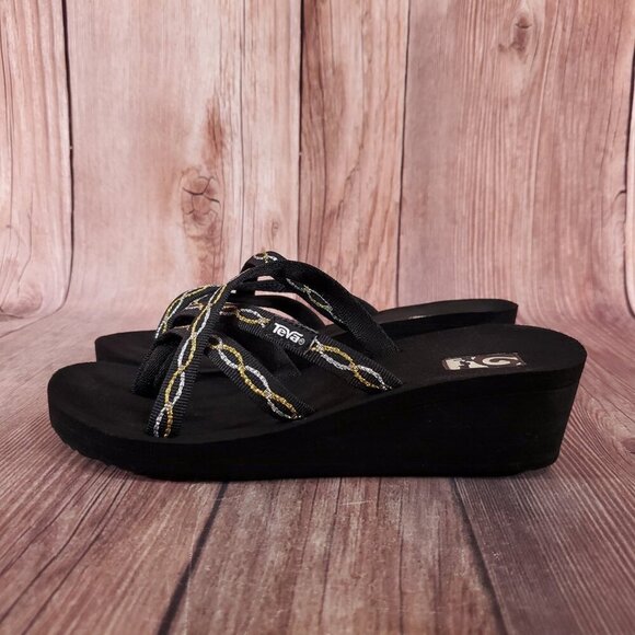 Teva Womens Size 6 Mush Mandalyn Ola 2 Black Gold Silver Wedge Sandals - Picture 2 of 14